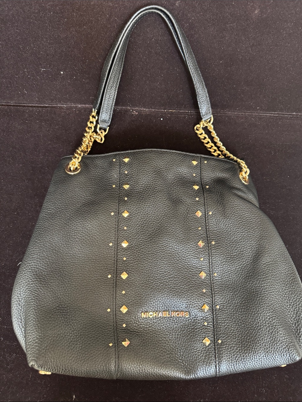Michael Kors Black Pebbled Leather Shoulder Bag with Gold Stud Accents